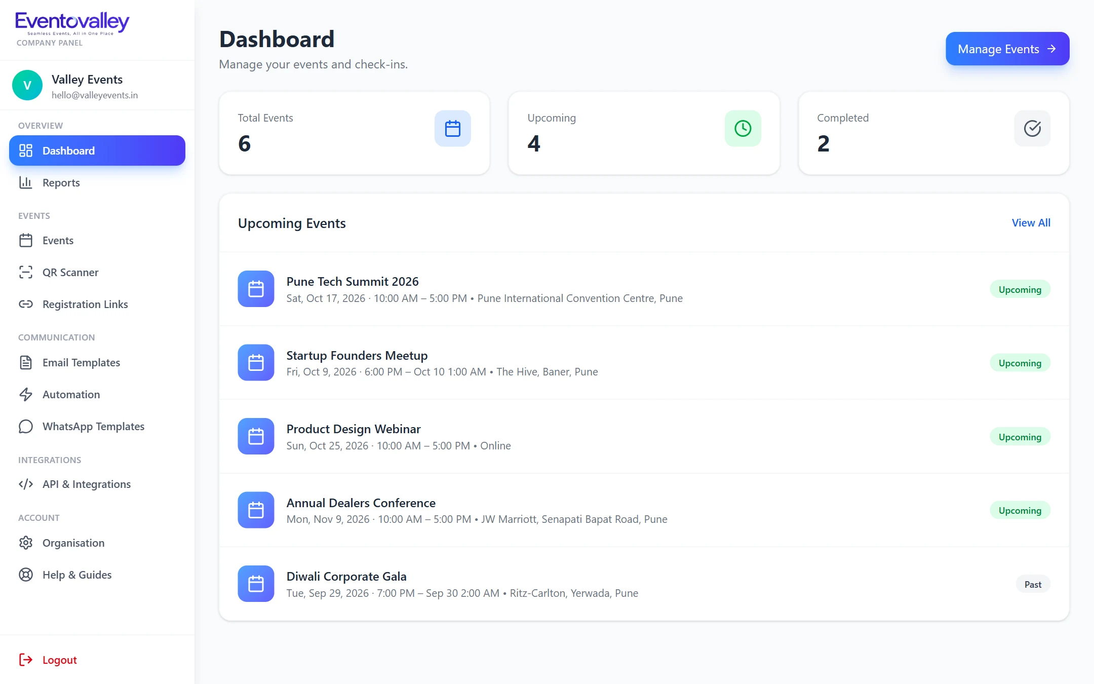Dashboard with upcoming events and attendance figures