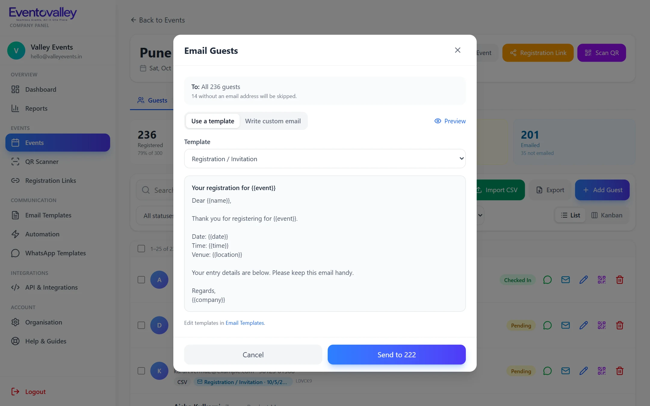 Email composer with template, placeholders and live preview