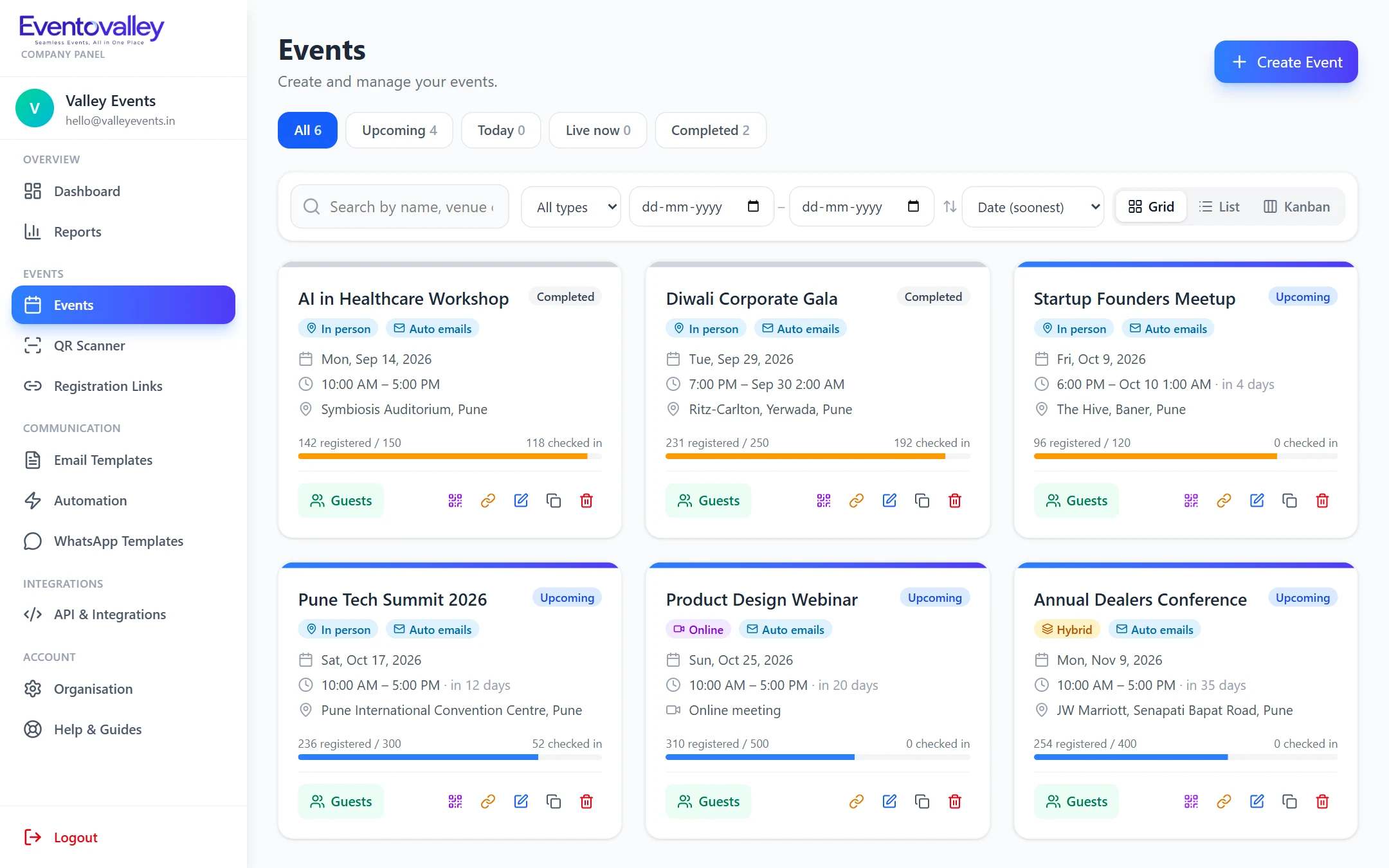 Events list with in-person, online and hybrid events