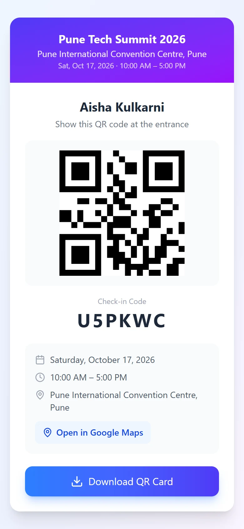 Guest QR entry pass on a mobile phone