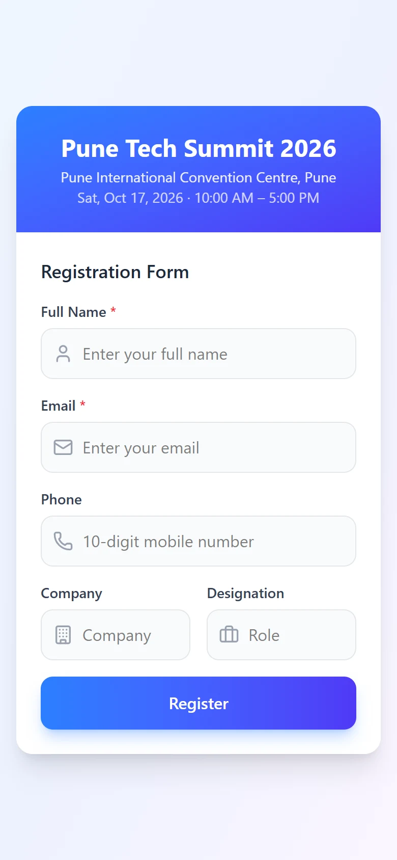 Mobile event registration form